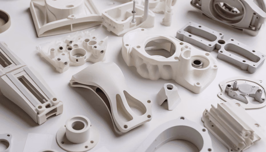 White prototype and production components arranged for engineering review and manufacturability analysis